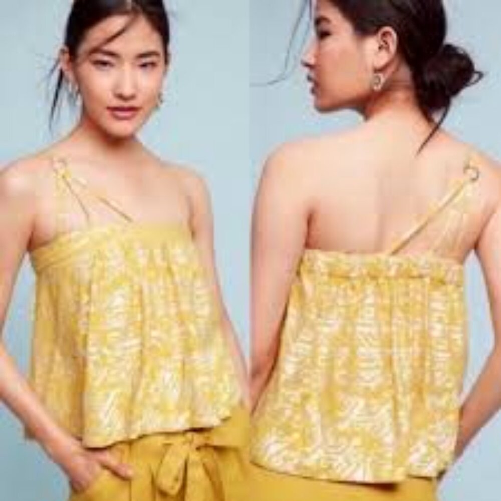 NWT Anthropologie Floreat Anesu One Shoulder Crop Yellow Embroidered Top szS NWT